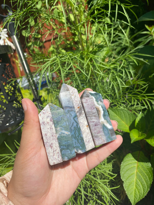 Pink Tourmaline and Moss Agate Points